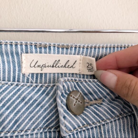 Unpublished High Rise Waist Striped Raw Hem Skinny Leg Denim Jeans Blue - Picture 5 of 12